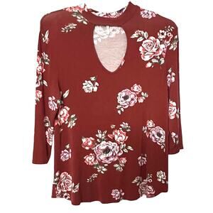 LIME N CHILI LONG SLEEVE, CUT OUT KEYHOLE NECK, WOMENS, L, BURNT ORANGE FLORAL